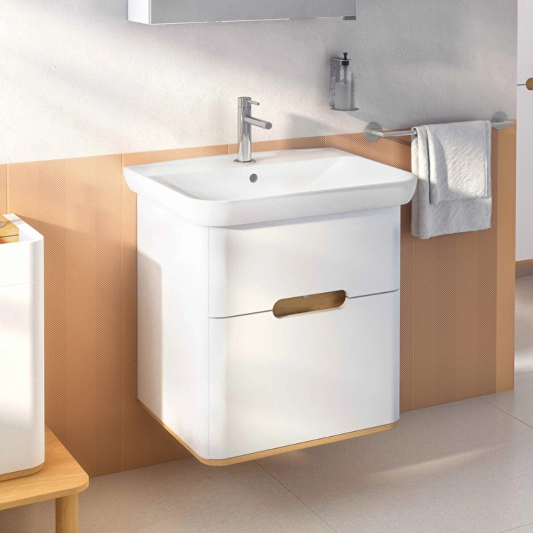 VitrA Sento 650mm matt white wall hung washbasin unit with two soft-close drawers, handleless design, ceramic basin and integrated ambient LED lighting.