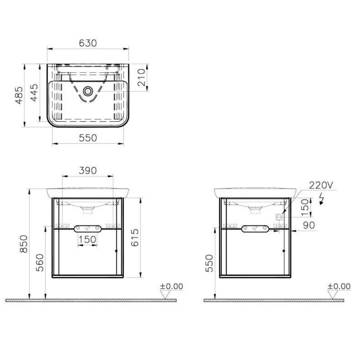 Vitra Sento 650mm Wall Hung 2 Drawer Washbasin Unit inc Basin - Anthracite - Technical drawing