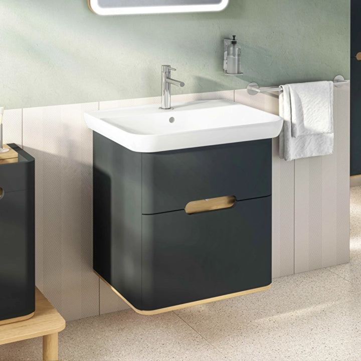 VitrA Sento 650mm matt grey wall hung washbasin unit with two soft-close drawers, handleless design, ceramic basin and integrated ambient LED lighting.