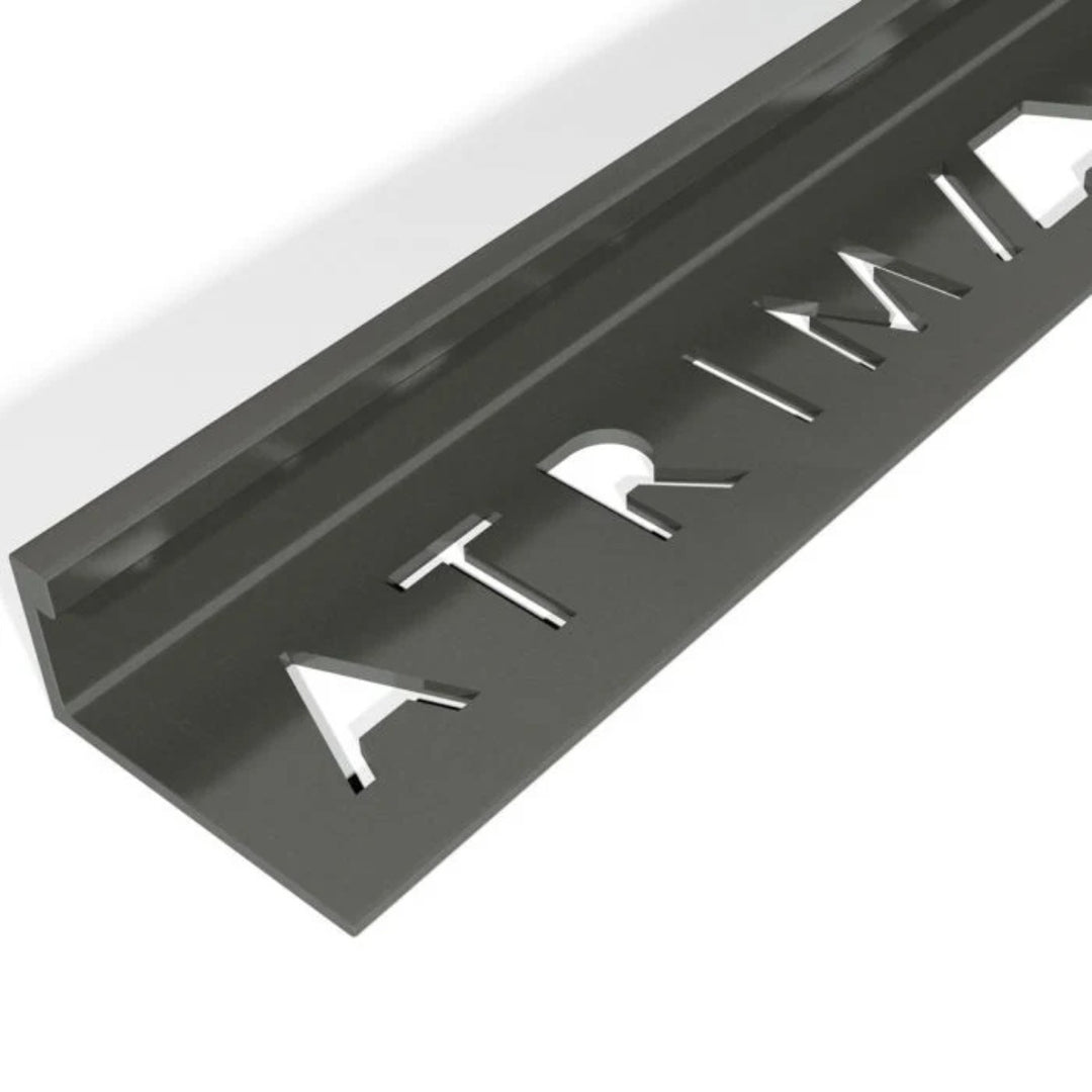 Atrim 12mm straight edge aluminium tile trim in matt black, 2.5m long, designed to protect exposed tile edges and create a clean, contemporary finish for 12mm tiles.