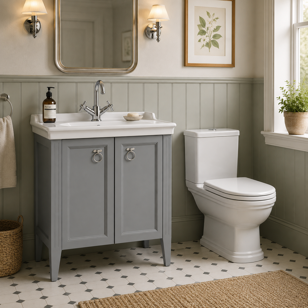 VitrA Valarte 800mm floor standing vanity unit in matt grey with two soft-close doors, chrome handles and white ceramic basin.