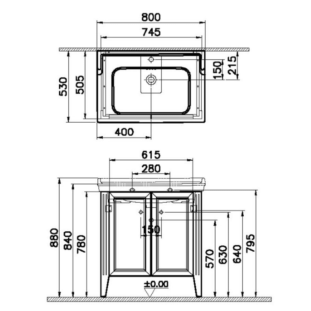 Vitra Valarte 800mm Floor Standing 2 Door Washbasin Unit inc Basin - Grey - Technical drawing
