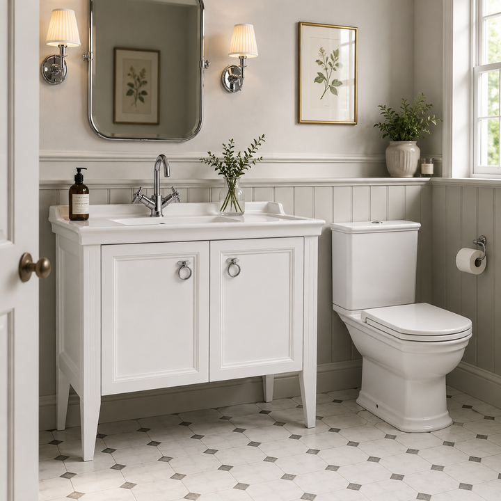 VitrA Valarte 1000mm floor standing vanity unit in matt white with two soft-close doors, chrome handles and white ceramic basin.