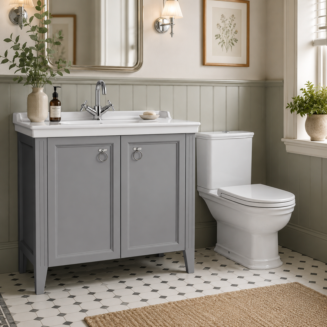 VitrA Valarte 1000mm floor standing vanity unit in matt grey with two soft-close doors, chrome handles and white ceramic basin.
