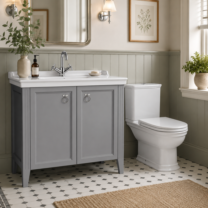 VitrA Valarte 1000mm floor standing vanity unit in matt grey with two soft-close doors, chrome handles and white ceramic basin.
