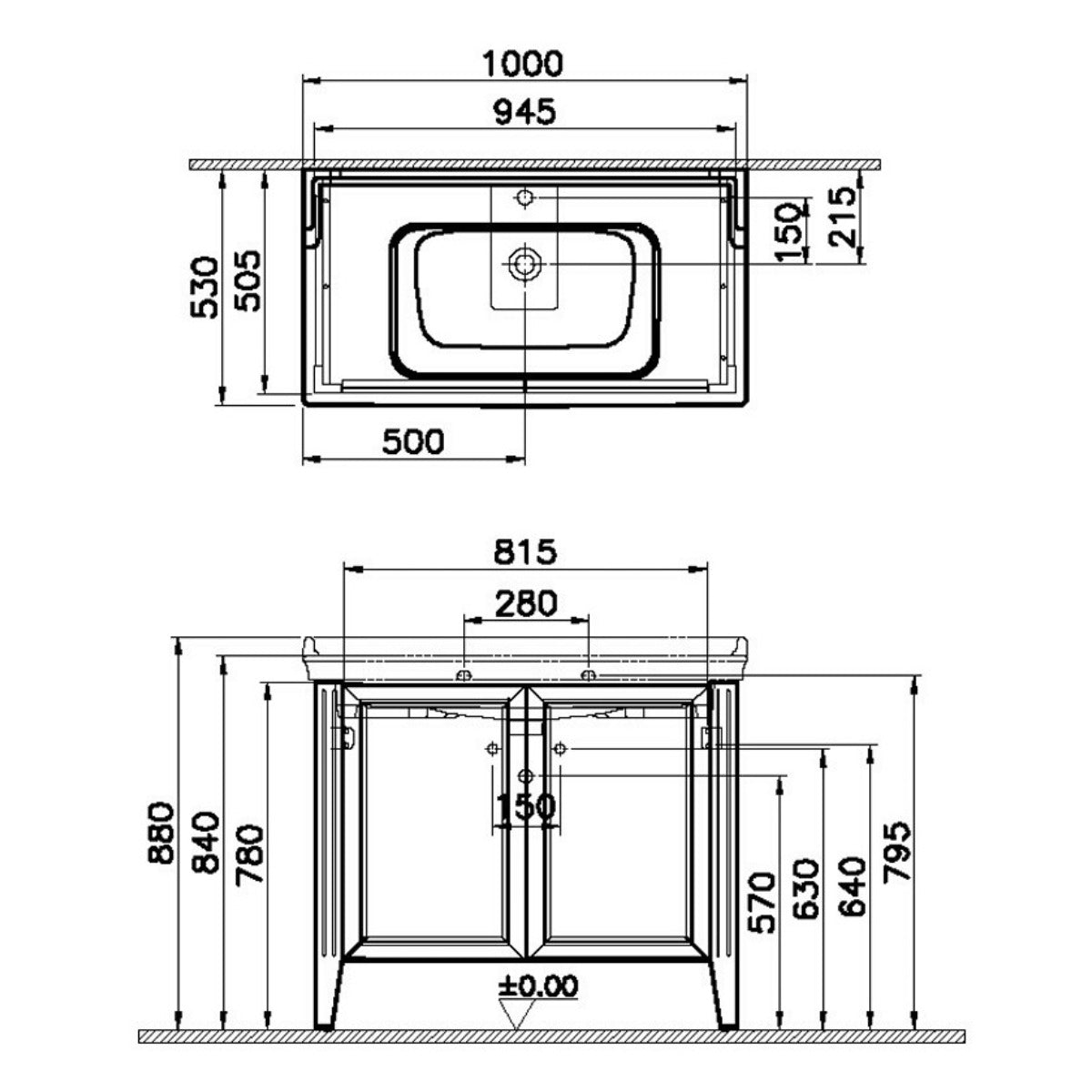 Vitra Valarte 1000mm Floor Standing 2 Door Washbasin Unit inc Basin - Grey - Technical drawing
