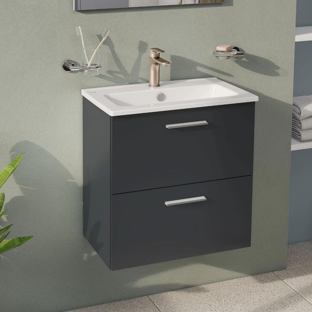 Vitra Mia 600mm Anthracite wall hung washbasin unit with integrated basin, two drawers and chrome handles.