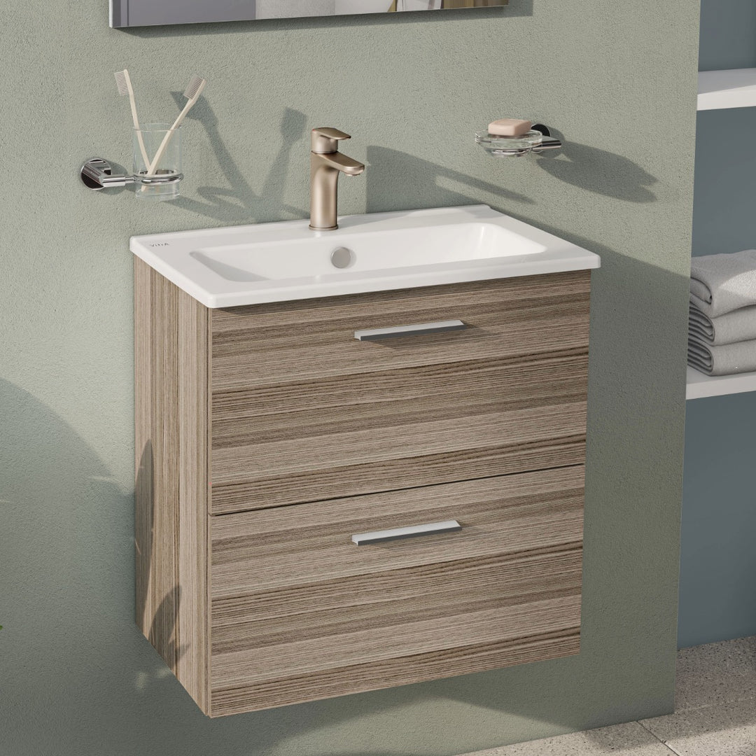 Vitra Mia 600mm Cordoba wall hung washbasin unit with integrated basin, two drawers and chrome handles.