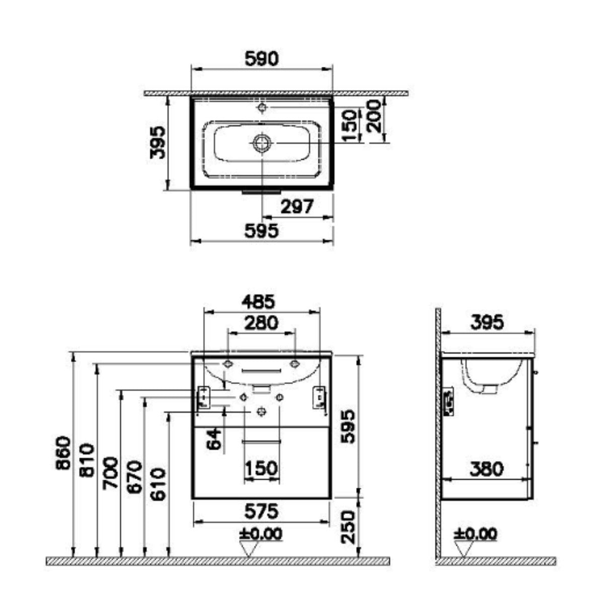 Vitra Mia 600mm Wall Hung 2 Drawer Washbasin Unit inc Basin - Cordoba - Technical drawing