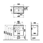 Vitra Mia 600mm Wall Hung 2 Drawer Washbasin Unit inc Basin - Cordoba - Technical drawing
