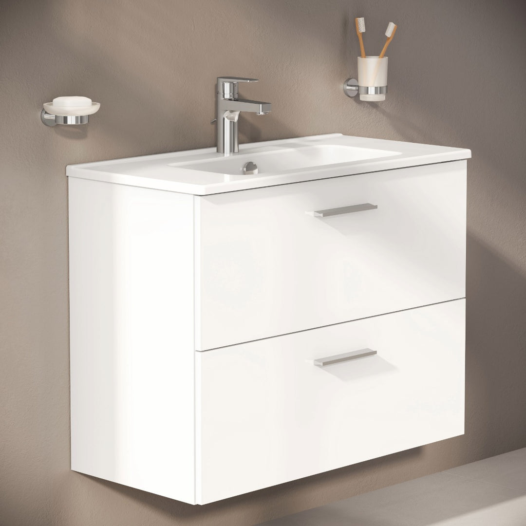 Vitra Mia 800mm White wall hung washbasin unit with integrated basin, two drawers and chrome handles.