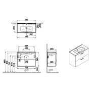 Vitra Mia 800mm Wall Hung 2 Drawer Washbasin Unit inc Basin - Gloss White - Technical drawing