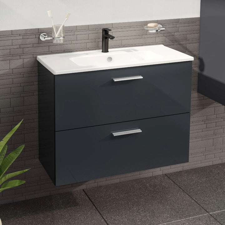 Vitra Mia 800mm Anthracite wall hung washbasin unit with integrated basin, two drawers and chrome handles.