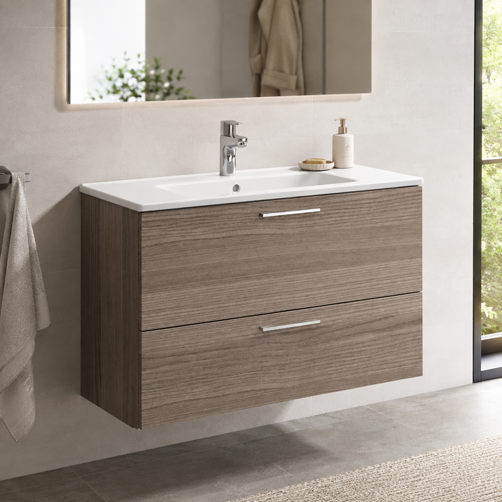 Vitra Mia 800mm Cordoba wall hung washbasin unit with integrated basin, two drawers and chrome handles.