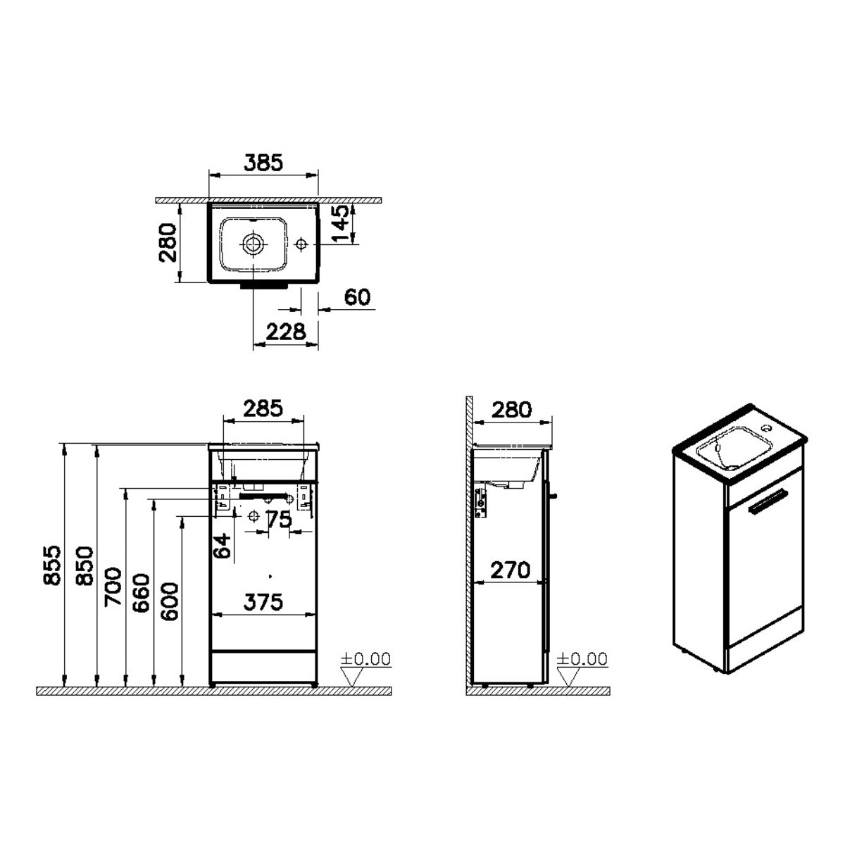Vitra Mia 400mm Floor Standing 1 Door Washbasin Unit inc Basin - Cordoba - Technical drawing