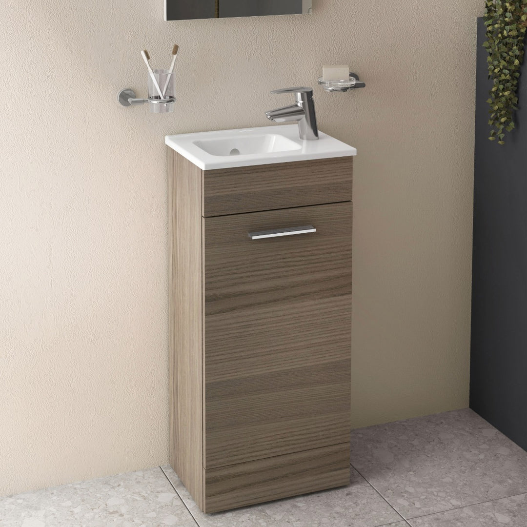 Vitra Mia 400mm Cordoba floor standing washbasin unit with integrated basin, single door and chrome handle