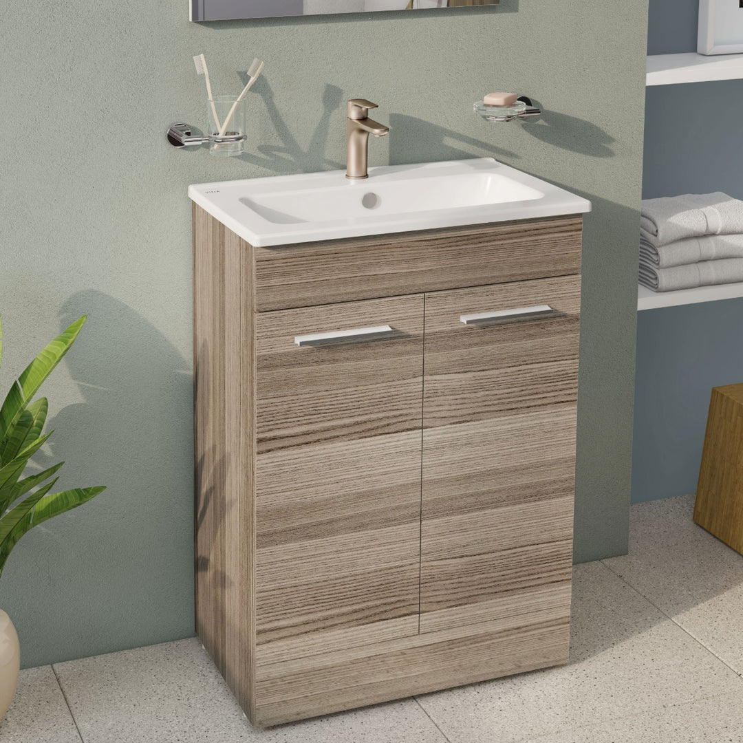 Vitra Mia 600mm Cordoba floor standing washbasin unit with integrated basin, two doors and chrome handles.