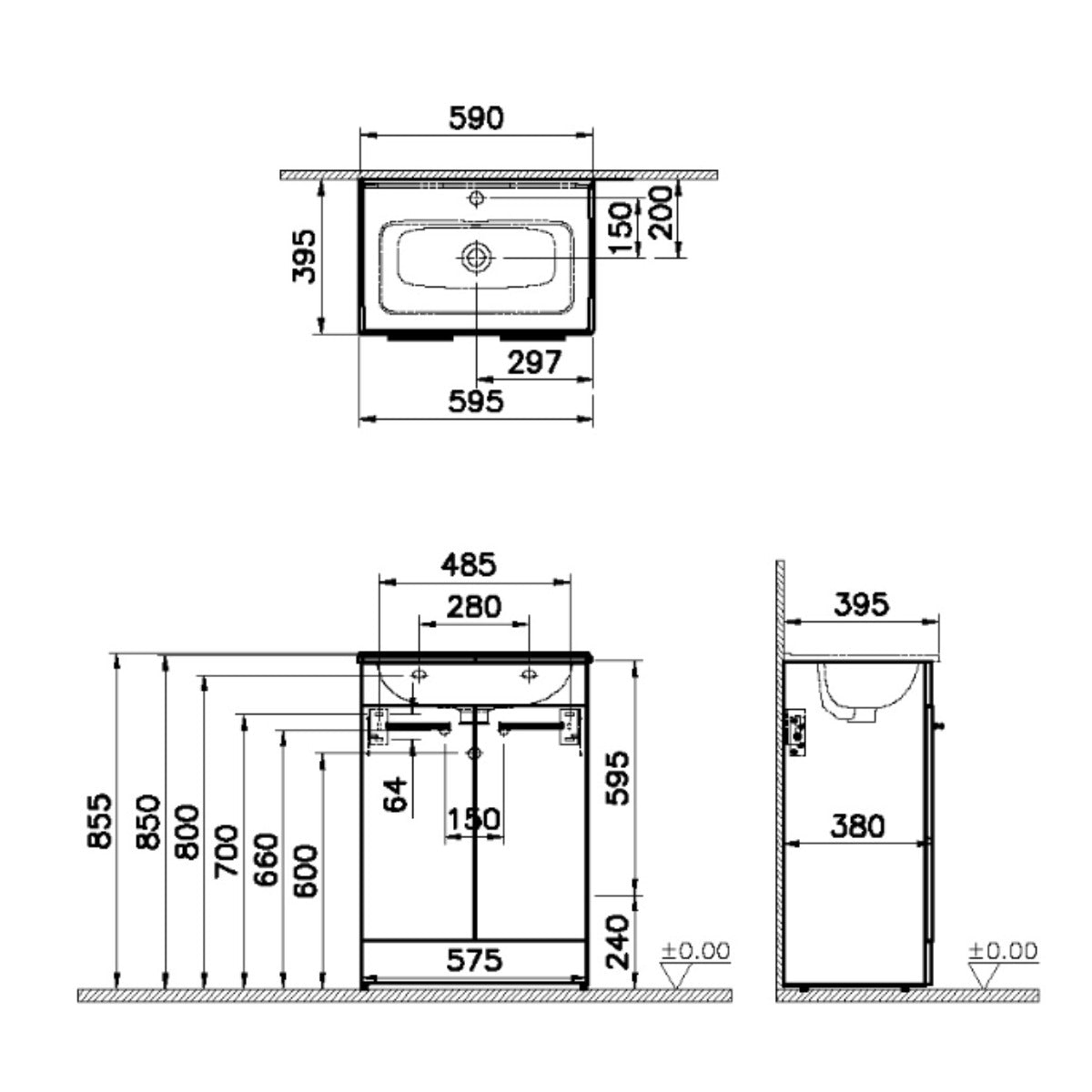 Vitra Mia 600mm Floor Standing 2 Door Washbasin Unit inc Basin - Cordoba - Technical drawing