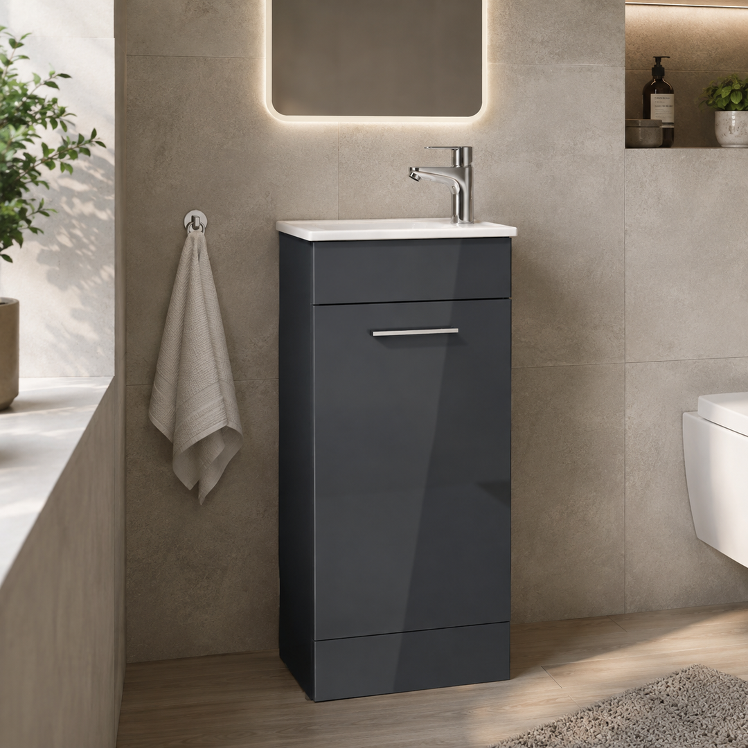 Vitra Mia 400mm Anthracite floor standing washbasin unit with integrated basin, single door and chrome handle.
