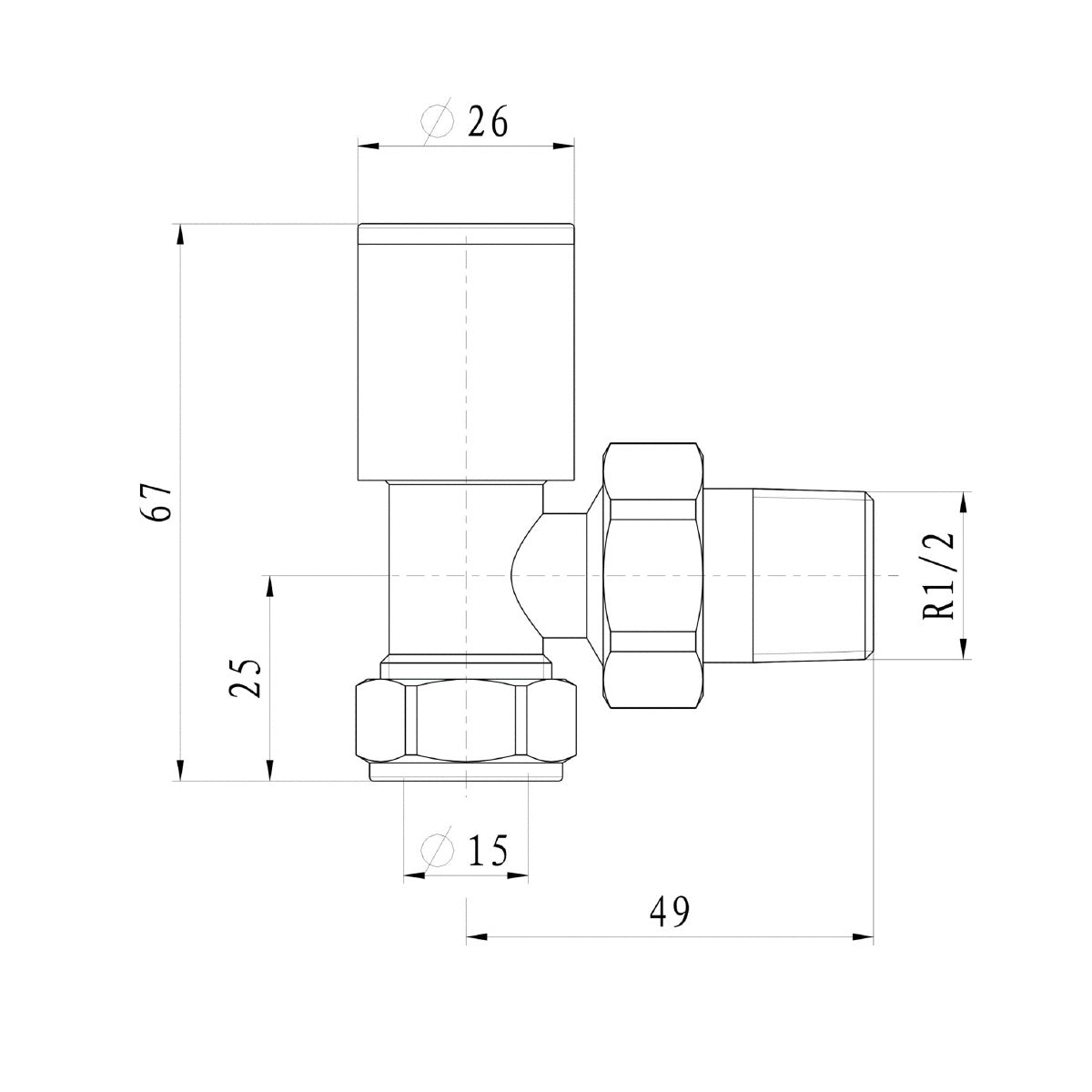 Eliseo Ricci Minimalistic Angled Radiator Valve - Black - Technical drawing