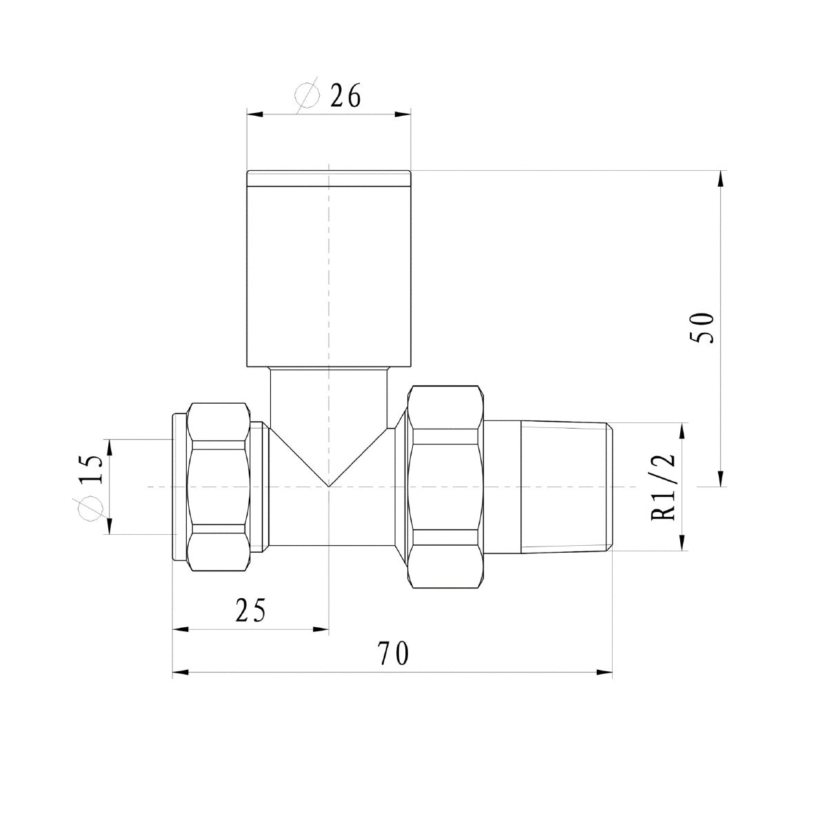 Eliseo Ricci Minimalistic Straight Radiator Valve - White - Technical drawing