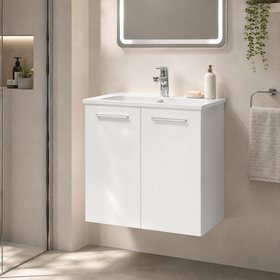 Vitra Mia 600mm white high gloss wall hung washbasin unit with integrated basin, two doors and chrome handles.