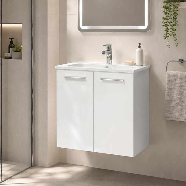 Vitra Mia 600mm white high gloss wall hung washbasin unit with integrated basin, two doors and chrome handles.