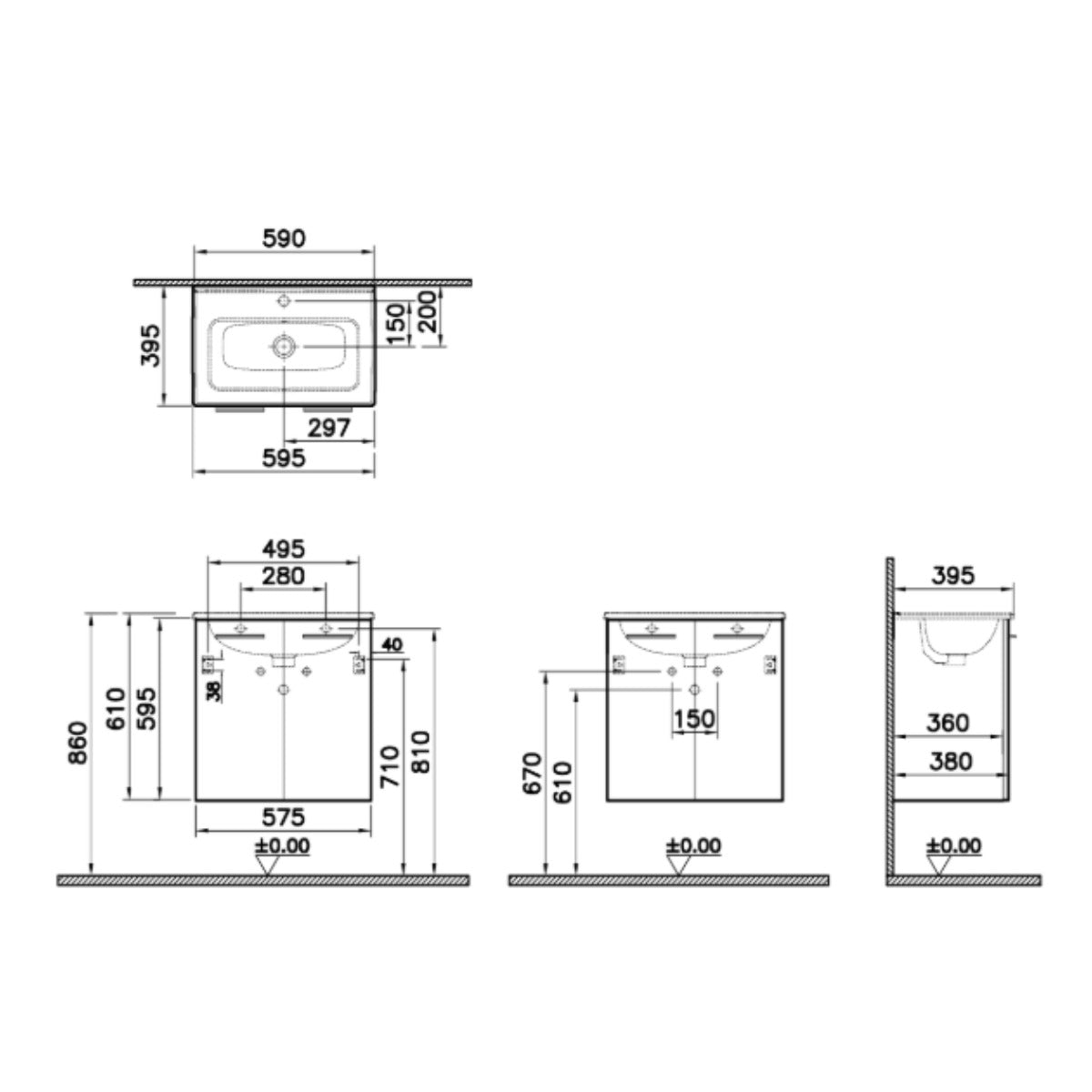 Vitra Mia 600mm Wall Hung 2 Door Washbasin Unit inc Basin - Gloss White - Technical drawing