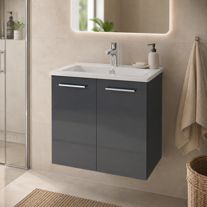 Vitra Mia 600mm Anthracite wall hung washbasin unit with integrated basin, two doors and chrome handles.