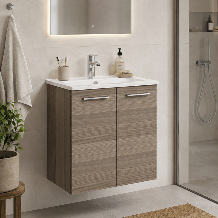 Vitra Mia 600mm Cordoba wall hung washbasin unit with integrated basin, two doors and chrome handles.