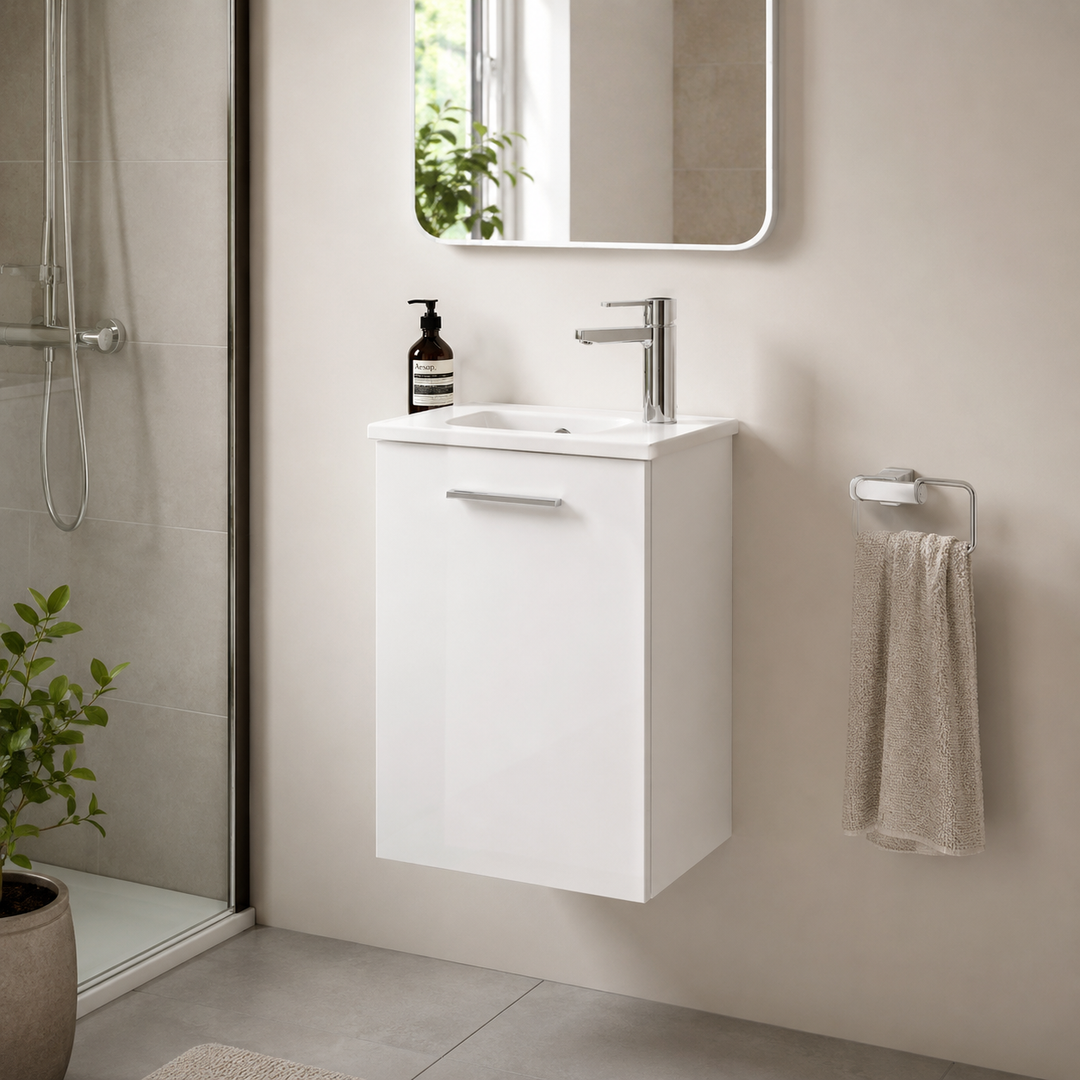 Vitra Mia 400mm white high gloss wall hung washbasin unit with integrated basin, single door and chrome handle