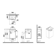 Vitra Mia 400mm Wall Hung 1 Door Washbasin Unit inc Basin - White High Gloss - Technical drawing