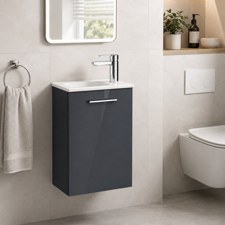 Vitra Mia 400mm anthracite wall hung washbasin unit with integrated basin, single door and chrome handle.