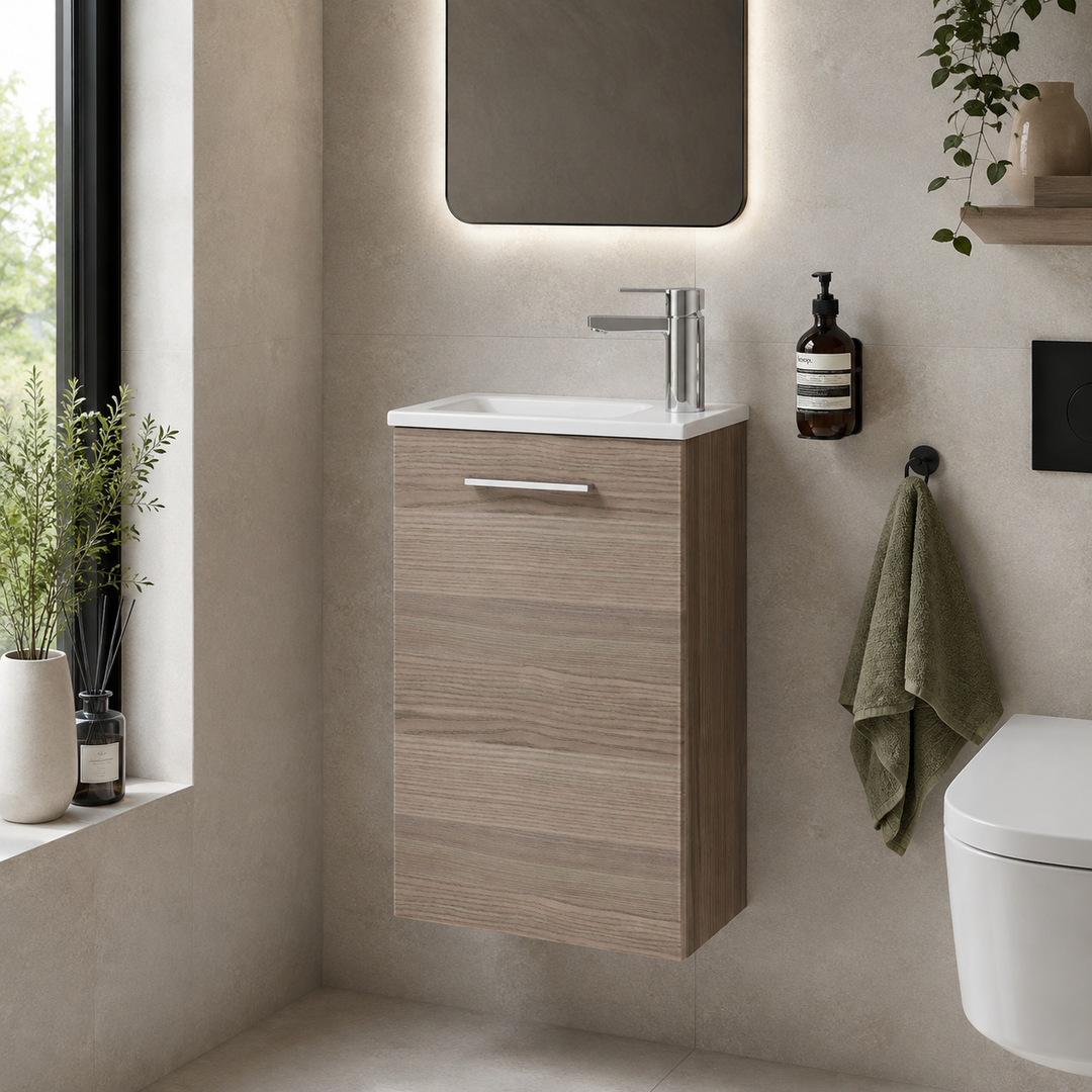 Vitra Mia 400mm Cordoba wall hung washbasin unit with integrated basin, single door and chrome handle.