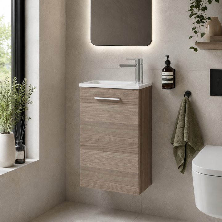 Vitra Mia 400mm Cordoba wall hung washbasin unit with integrated basin, single door and chrome handle.