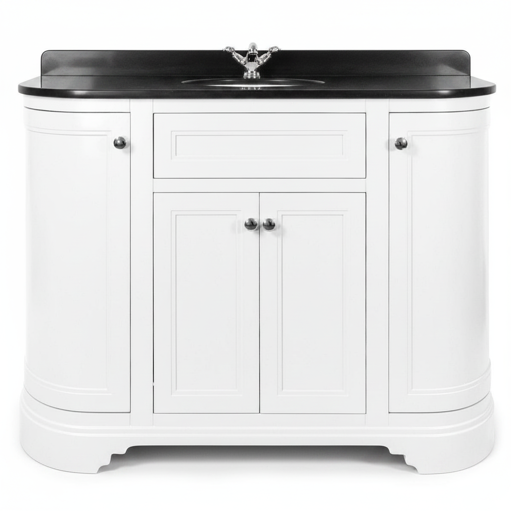 Kingsbury Classic Curved 1200mm Floor Standing Vanity Unit, Black Worktop &amp; Ceramic Basin - White