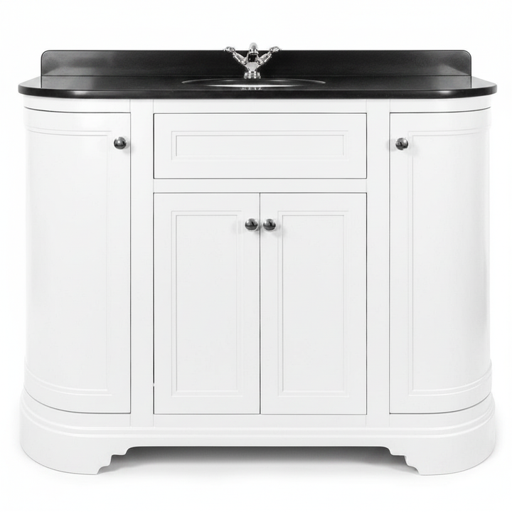 Kingsbury Classic Curved 1200mm Floor Standing Vanity Unit, Black Worktop &amp; Ceramic Basin - White