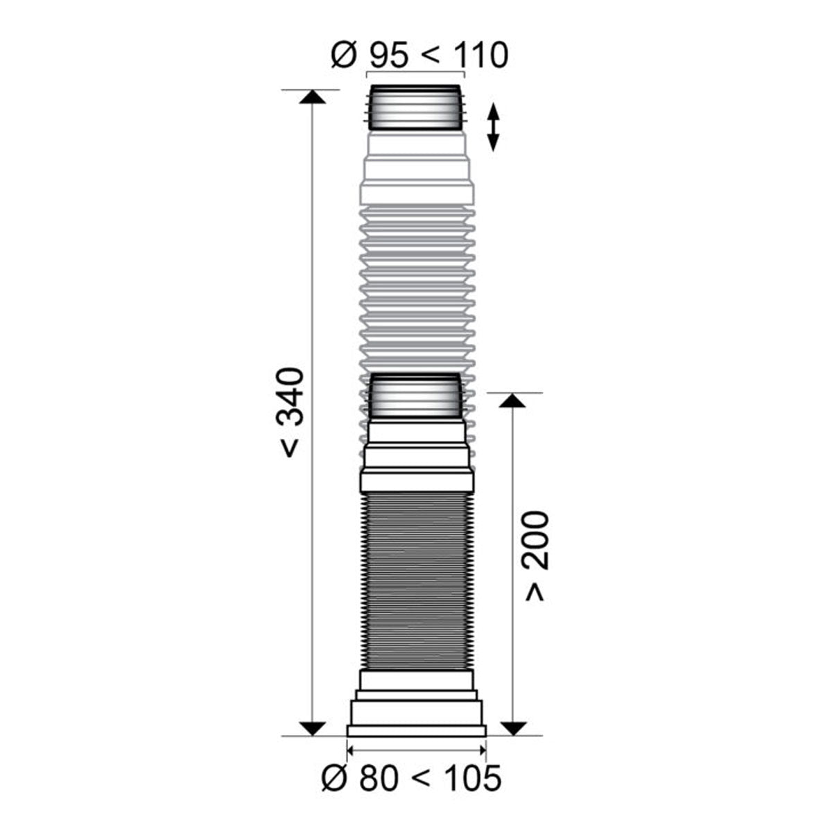 Wirquin Short Extendable Pan Connector 200mm – 340mm - Technical drawing