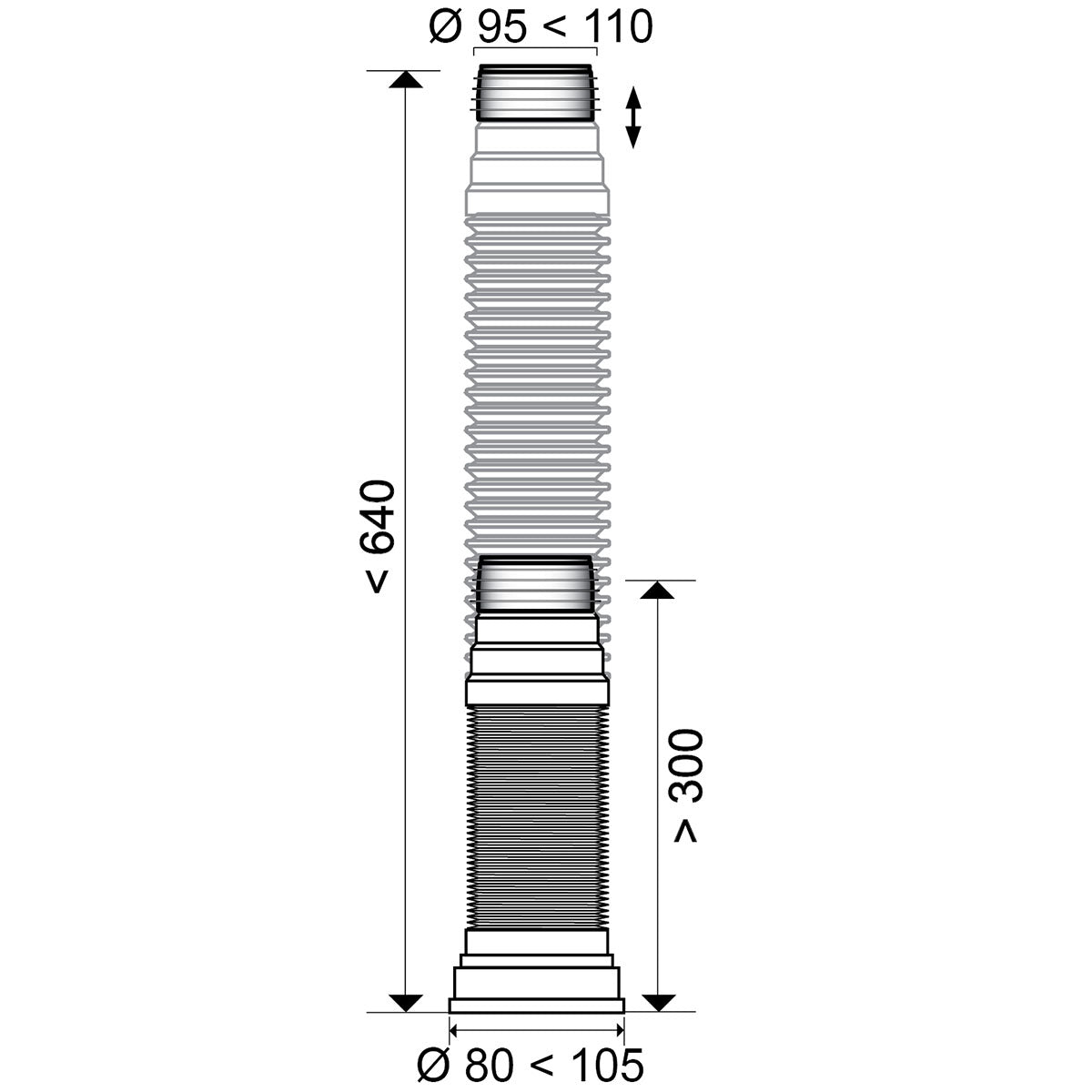 Wirquin Extendable Pan Connector 300mm – 640mm - Technical drawing