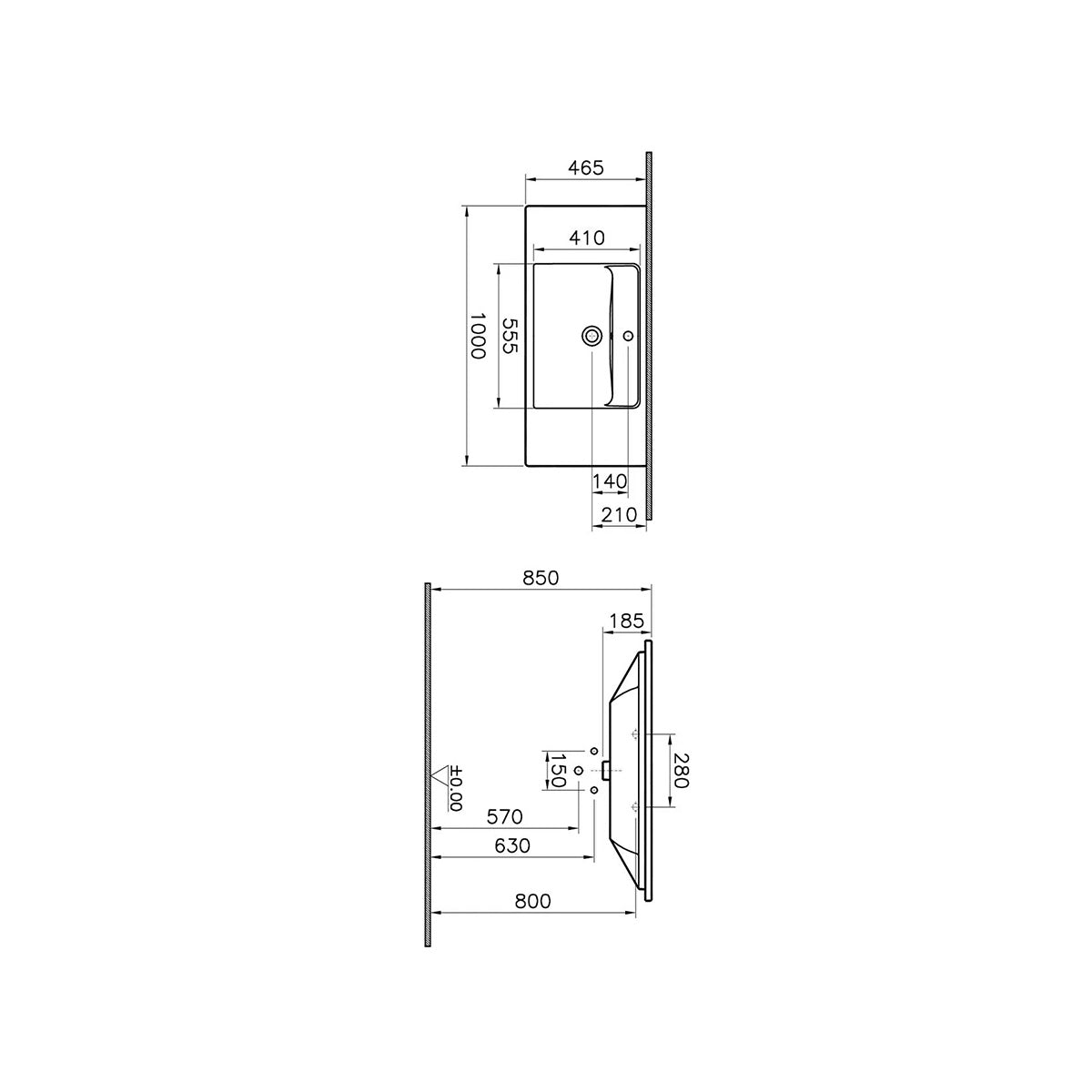 Vitra Integra 1000mm Vanity Basin - Technical drawing