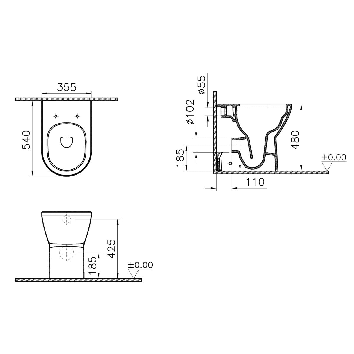 Vitra Integra Round Comfort Height Rimless Back To Wall Toilet with Soft Close Seat - Technical drawing