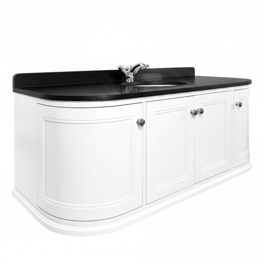 Kingsbury Classic Curved 1200mm Wall Hung Vanity Unit, Black Worktop & Ceramic Basin - White