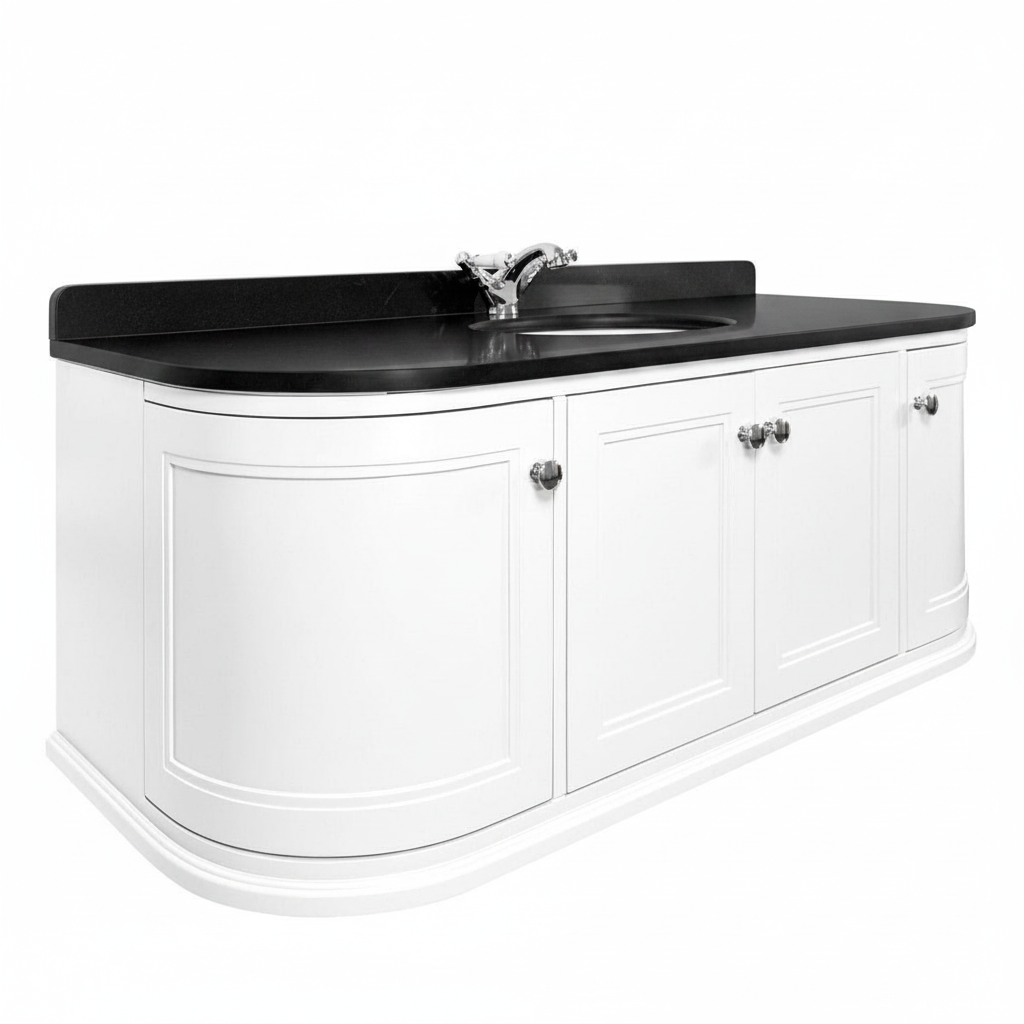 Kingsbury Classic Curved 1200mm Wall Hung Vanity Unit, Black Worktop &amp; Ceramic Basin - White