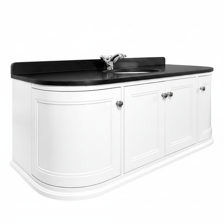 Kingsbury Classic Curved 1200mm Wall Hung Vanity Unit, Black Worktop &amp; Ceramic Basin - White