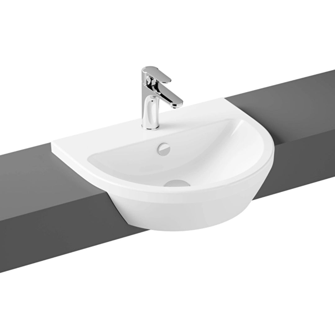 VitrA Integra 550mm white semi-recessed basin with rounded design, single tap hole and integrated overflow, designed for half-counter installation.
