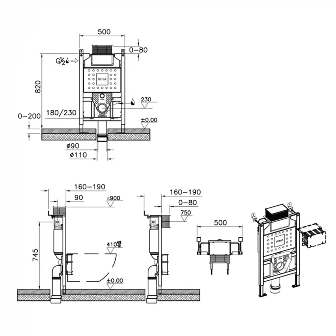 Vitra V-Fix Prime Reduced 820mm Height Frame For Wall Hung Toilet
