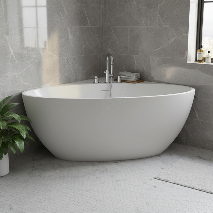 Viktor Benson Orion 1260 x 1260mm Freestanding Corner Bath - Slim Overflow &amp; White Waste