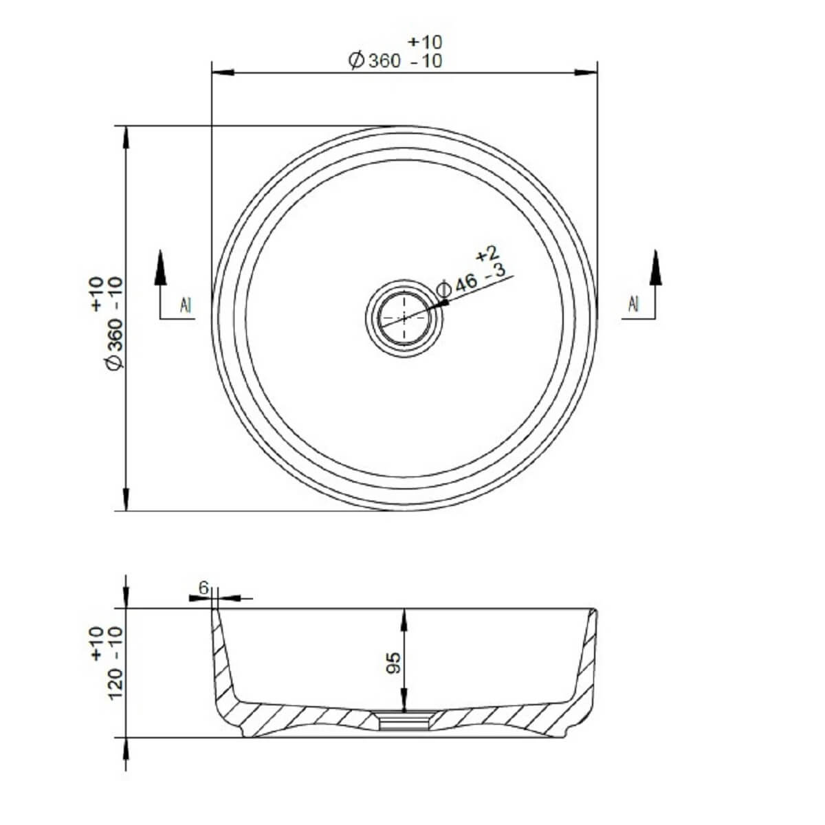 Objekt Ceramica Tahoe 360mm Counter Top Basin - Marble - Technical drawing