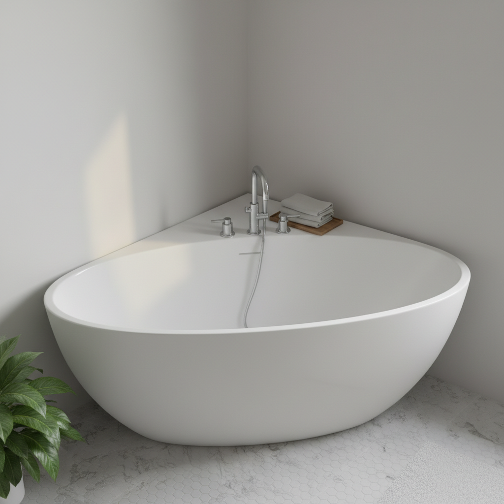Viktor Benson Orion 1260 x 1260mm Freestanding Corner Bath - Slim Overflow &amp; White Waste