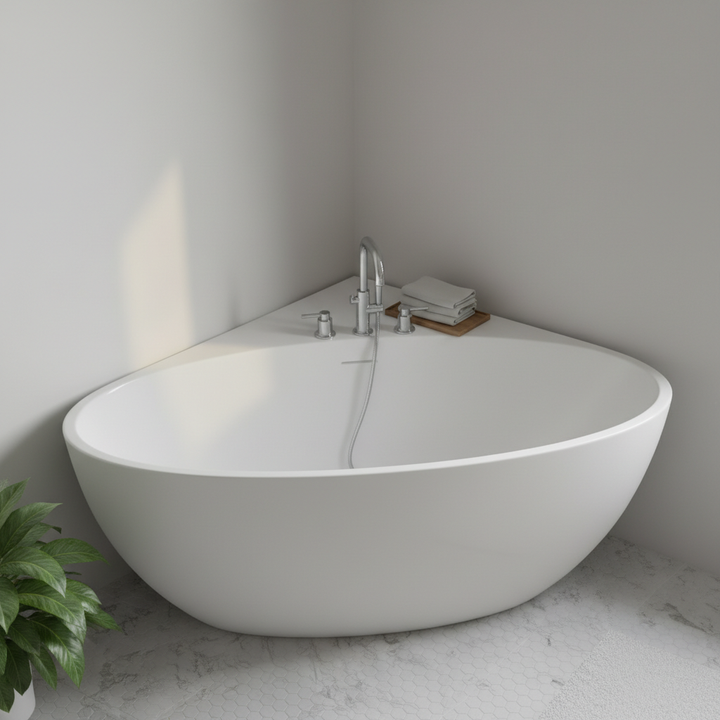 Viktor Benson Orion 1260 x 1260mm Freestanding Corner Bath - Slim Overflow &amp; White Waste
